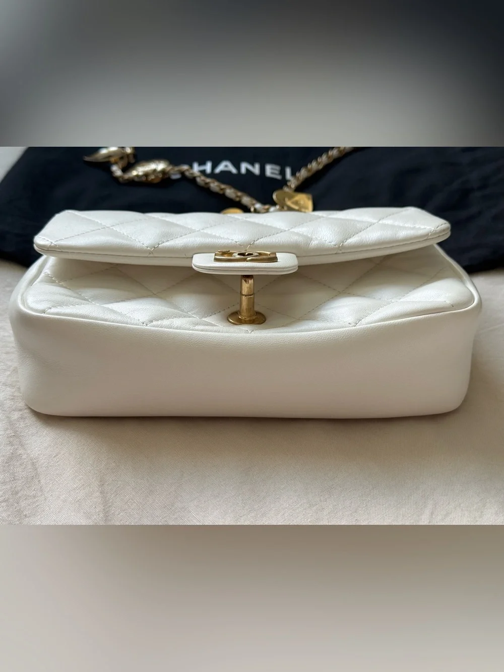CHANEL Mini Matelasse Heart Charm Flap Bag with Gold Hardware